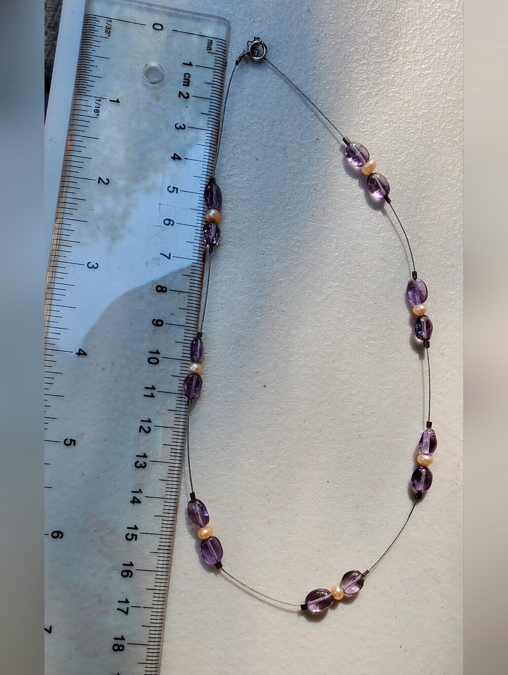 Sterling Silver Illusion Necklace with Freshwater Pearls & Purple Glass Beads - Picture 6 of 7